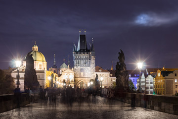 Tower on the Charles Bridge at night, Czech Republic.