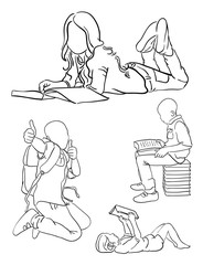 Kids reading book, line art 01, vector, illustration. Good use for symbol, logo, web icon, mascot, sign, or any design you want.