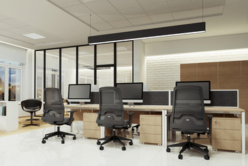 Интерьер офиса рабочее пространство ночной вид