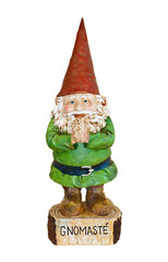 Gnome with red pointed hat in prayer position with word Gnomaste/Gnome in green suit and red...