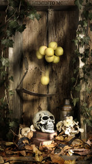  think about death alive dead still life skull leaves autumn wooden background philosophy of...