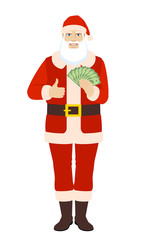 Santa Claus with cash money showing thumb up