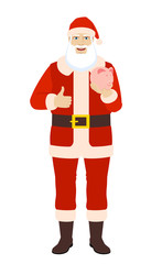 Santa Claus with piggy bank showing thumb up