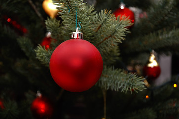 Fototapeta na wymiar Red ball. Christmas tree toy.
