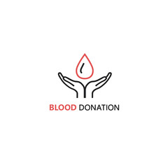 Vector logo design template in linear style - hands holding blood drop.