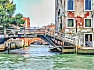 Acrylic Painting; The Landscape View of Canal and City in Venice, Italy