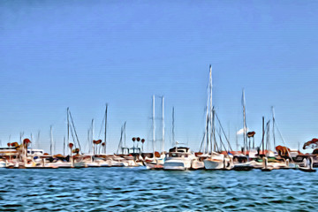 Acrylic Painting; Boats on Water at Marina Del Ray in Southern California