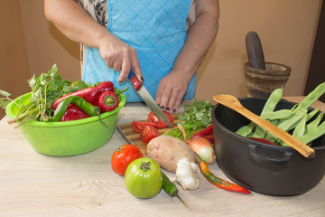 Woman hands cutting vegetables in the kitchen. Preparing dishes. Woman in kitchen preparing vegetables