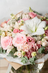 Flower composition on a gray background. Wedding and Festive decor. pink color. closeup