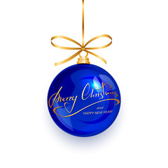 Blue ball with text Merry Christmas and Happy New Year