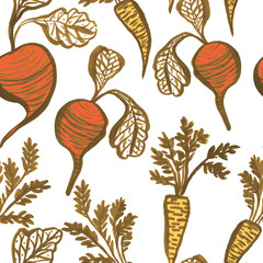 Watercolor hand drawn seamless pattern with beets and carrots