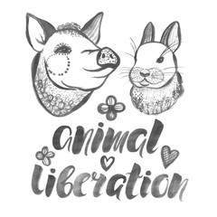 Obraz na płótnie Canvas Animal liberation Watercolor poster with farm animals Pig and Rabbit