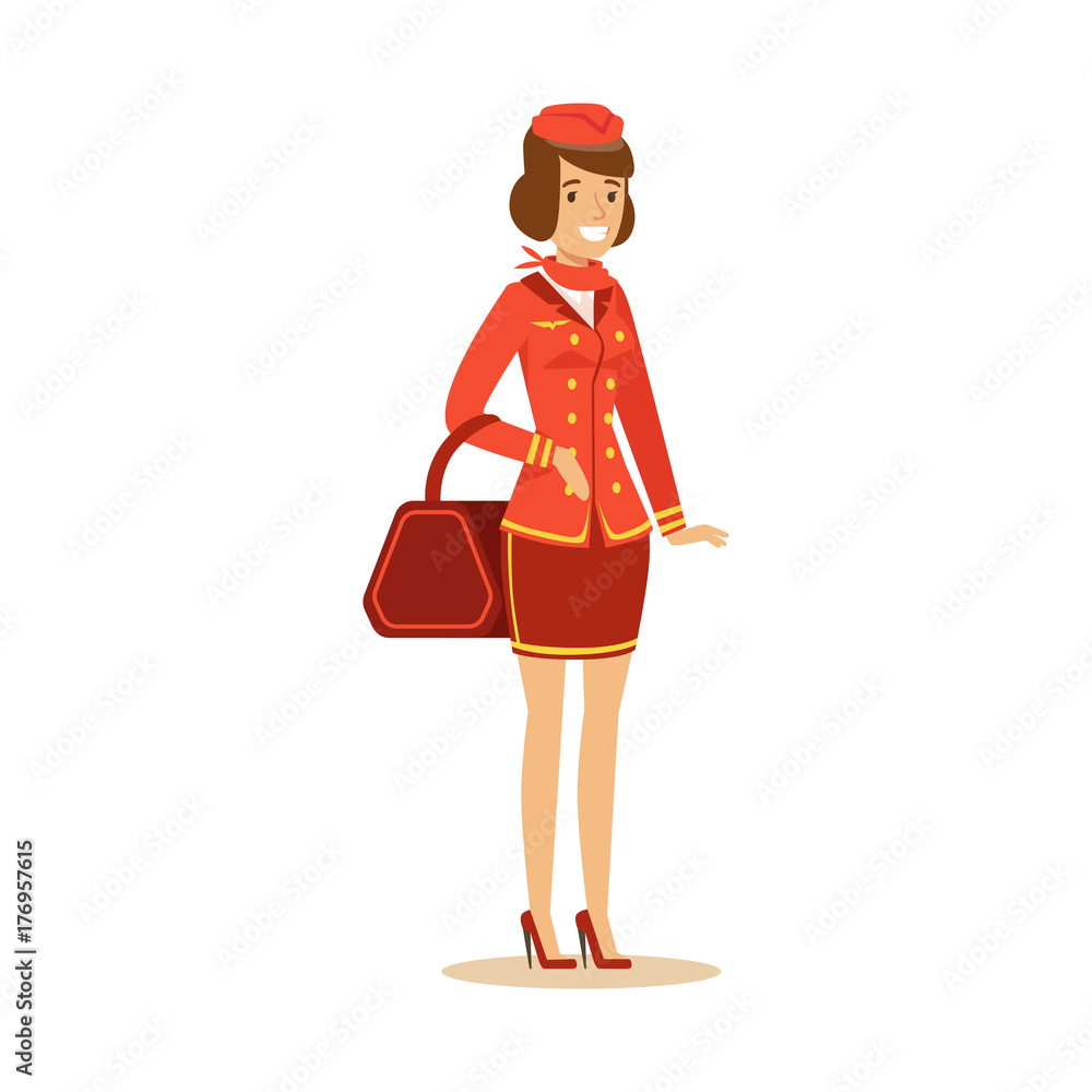 Poster smiling beautiful stewardess character in red uniform with bag, flight attendant on airplane vector 