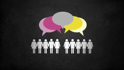Menschen vertreten verschiedene Standpunkte / Sprachblasen / Diskussion / Einigung finden / Politik