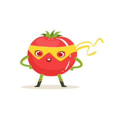 Cartoon character of superhero tomato with arms akimbo