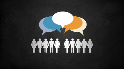 Diskusion / Sprechblasen / Geschäftsmeeting / Menschen / Unterschiedliche Meinungen / Lösungen finden / Gemeinsam / Teamwork