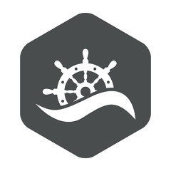 Icono plano timon con ola en hexagono gris