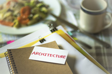 Architecture; Stack of Documents. Working or Studying while Eating.