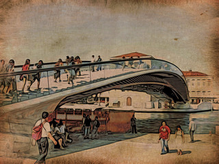 Woodblock Printing; The City View of Canal and Gondola in Venice, Italy