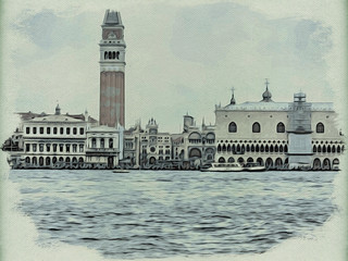 Woodblock Printing; The Landscape View of Canal and City in Venice, Italy