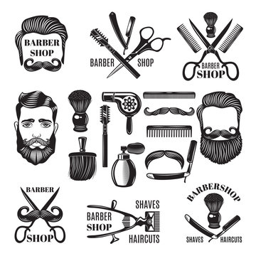 Monochrome Pictures Of Barber Shop Tools. Vector Illustrations For Labels