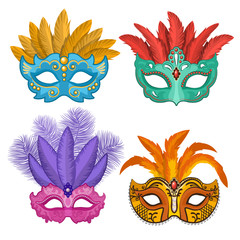 Colored pictures of carnival or theatre masks with feathers. Vector illustrations set in cartoon style