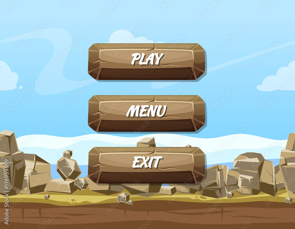 Poster Vector cartoon style stone buttons with text for game design on rocks and sky background