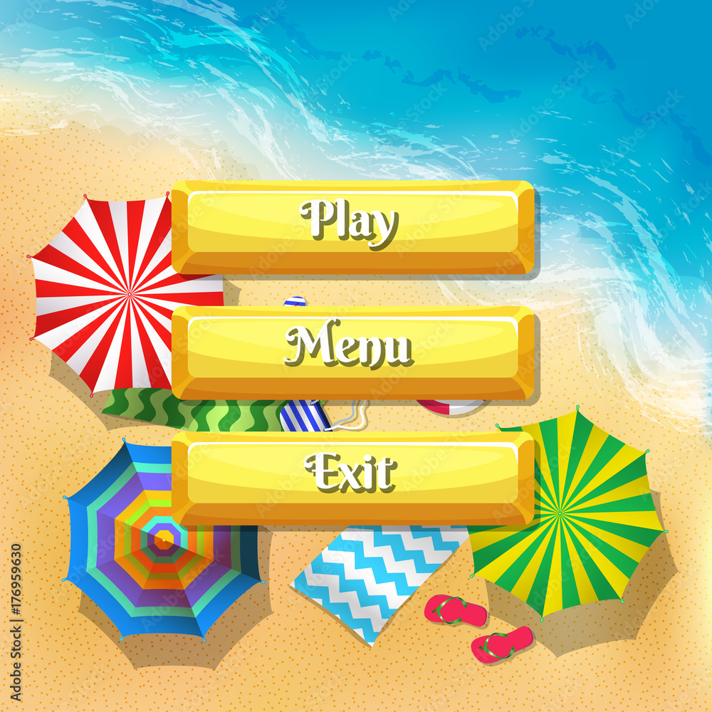 Poster vector cartoon style buttons with text for game design on beach umbrellas top view background