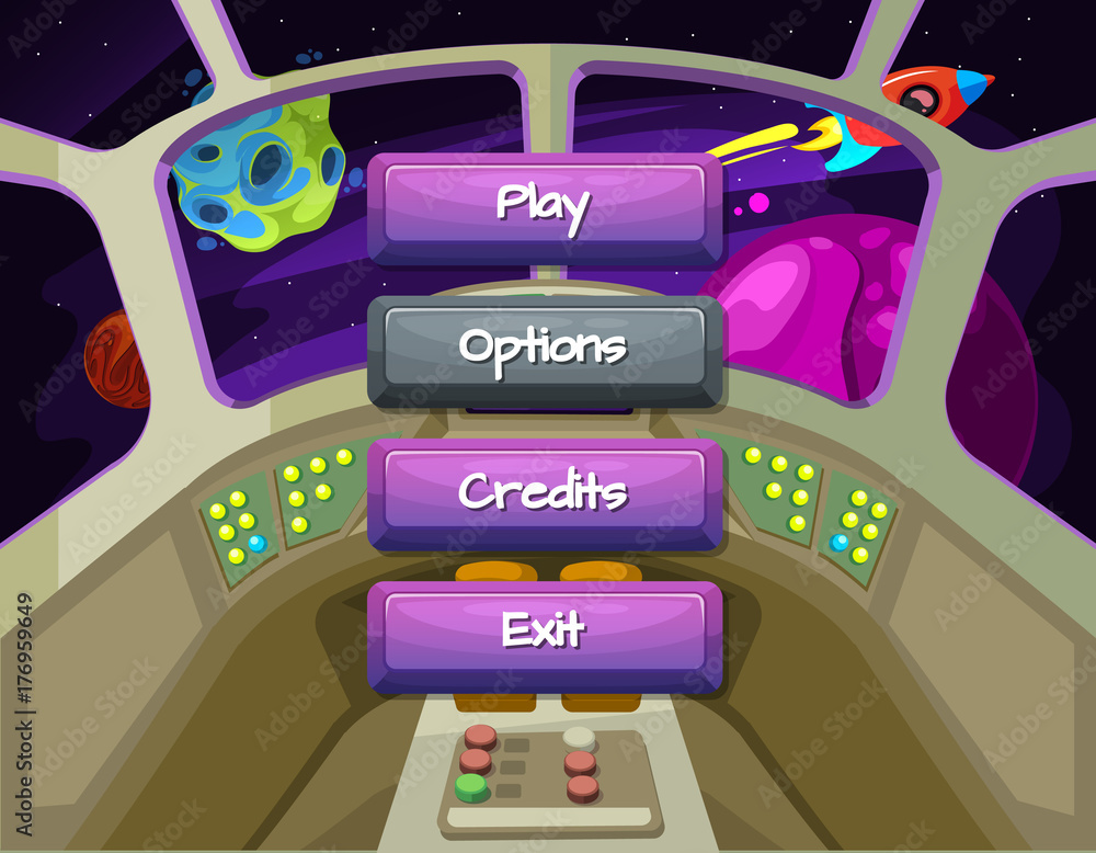 Poster Vector cartoon style enabled and disabled buttons with text for game design on spaceship texture background