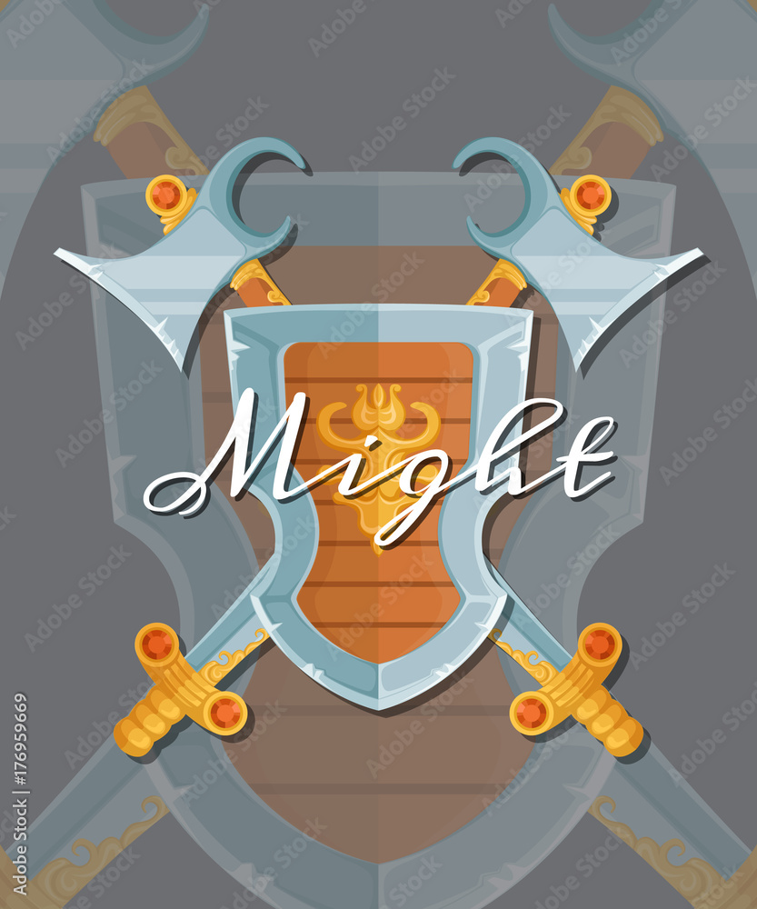 Aufkleber vector fantasy cartoon style game design medieval crossed shield, axe and sword elements with letter