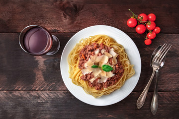 Pasta bolognese on rustic background with copyspace