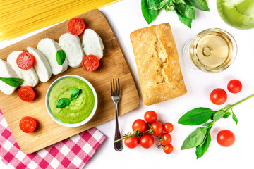 Overhead photo of an assortment of Italian foods