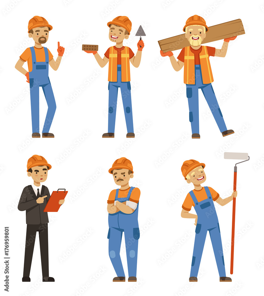 Poster mascot design of builders in different action poses. industrial workers in specific uniform. vector 