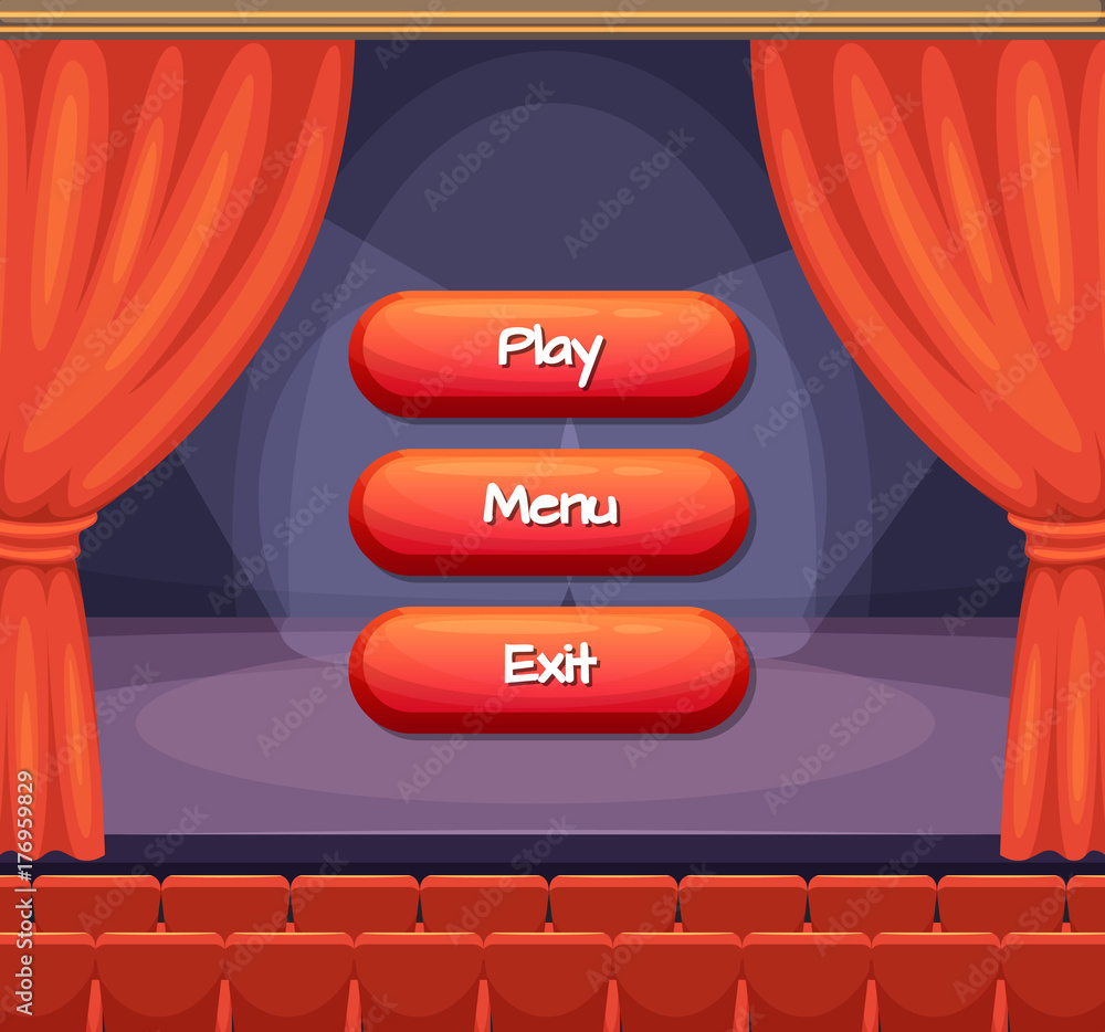 Aufkleber vector cartoon style buttons with text for game design on theater scene with curtains background