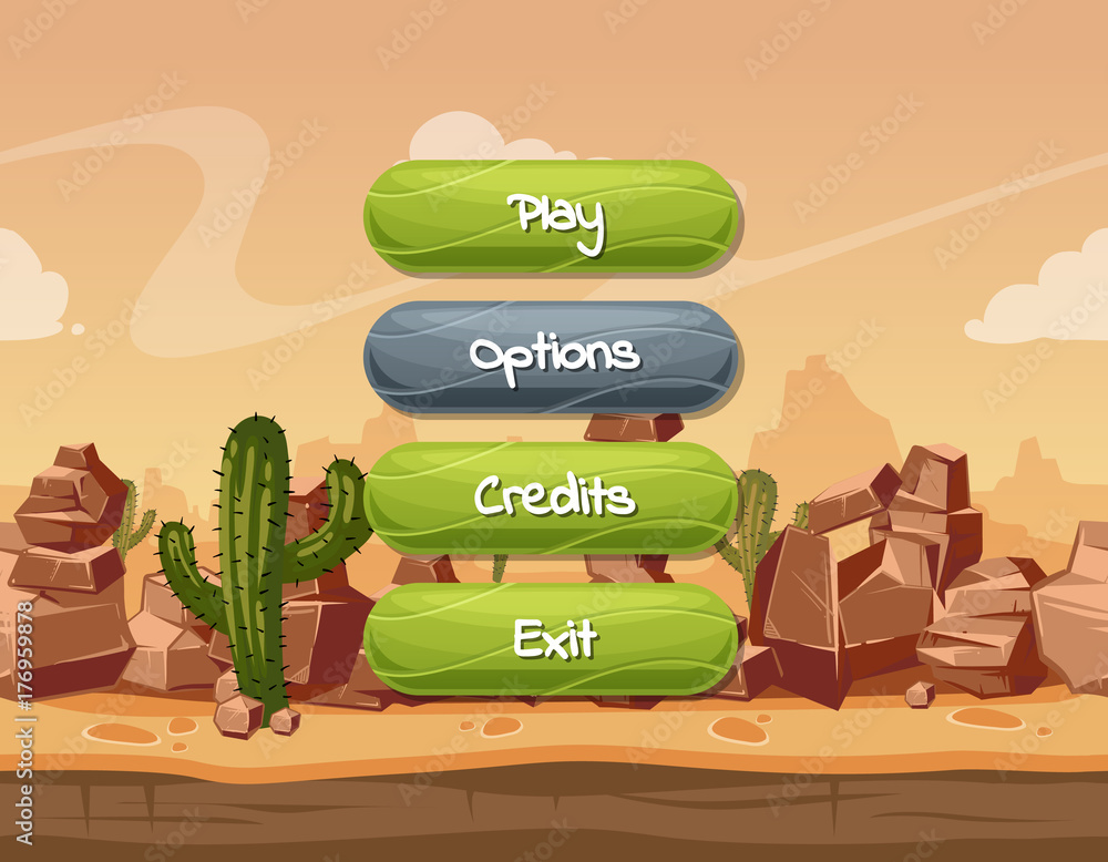 Poster vector cartoon style wavy enabled and disabled buttons with text for game design on orange rocks, sk