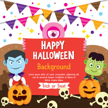 Happy Halloween background with Vampire and Frankenstein costume, Halloween greeting card with flag and pumpkin, Halloween vector illustration.
