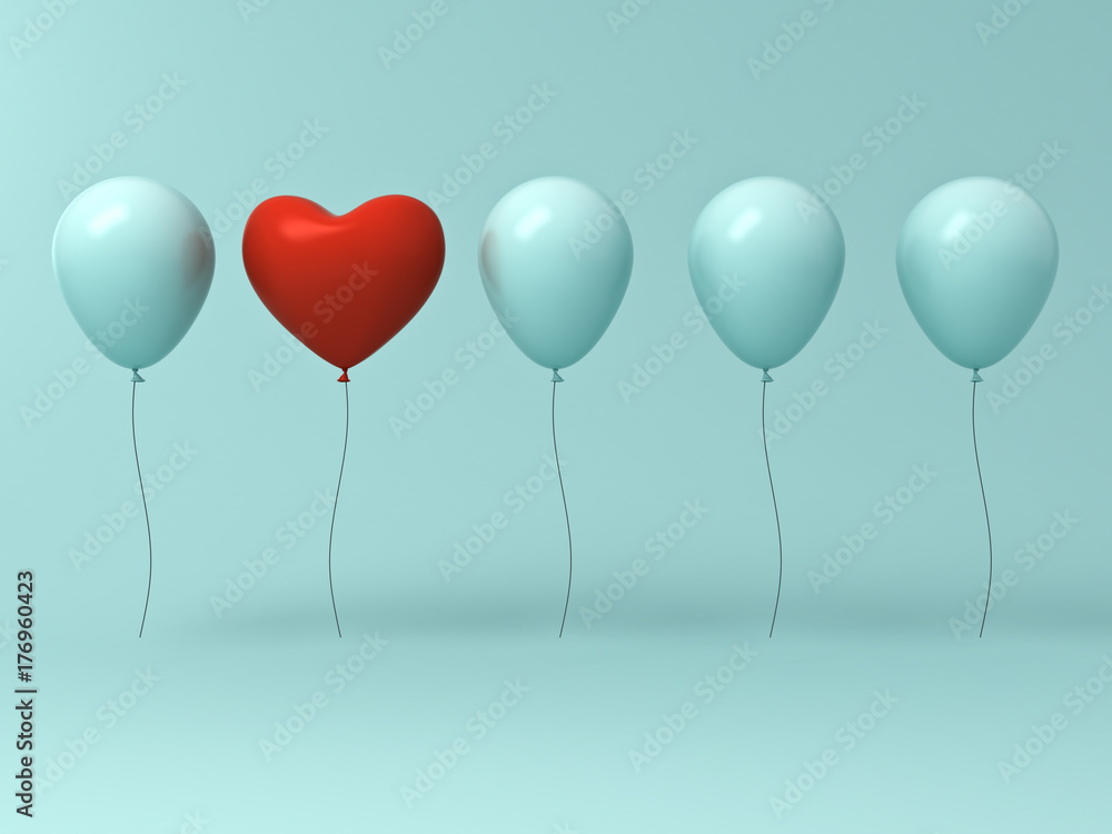 Aufkleber stand out from the crowd and different concept , one red heart balloon different from other balloons