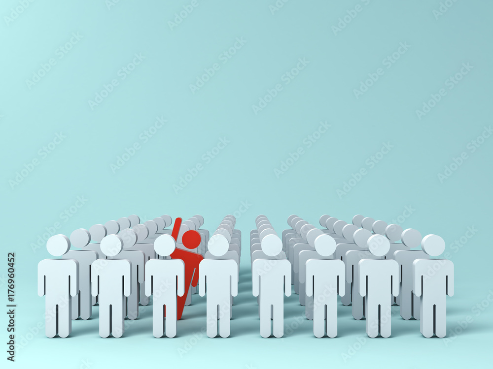 Aufkleber Stand out from the crowd and different creative idea concepts , One red man raising his hand among other white people on light green pastel color background with shadows . 3D rendering.