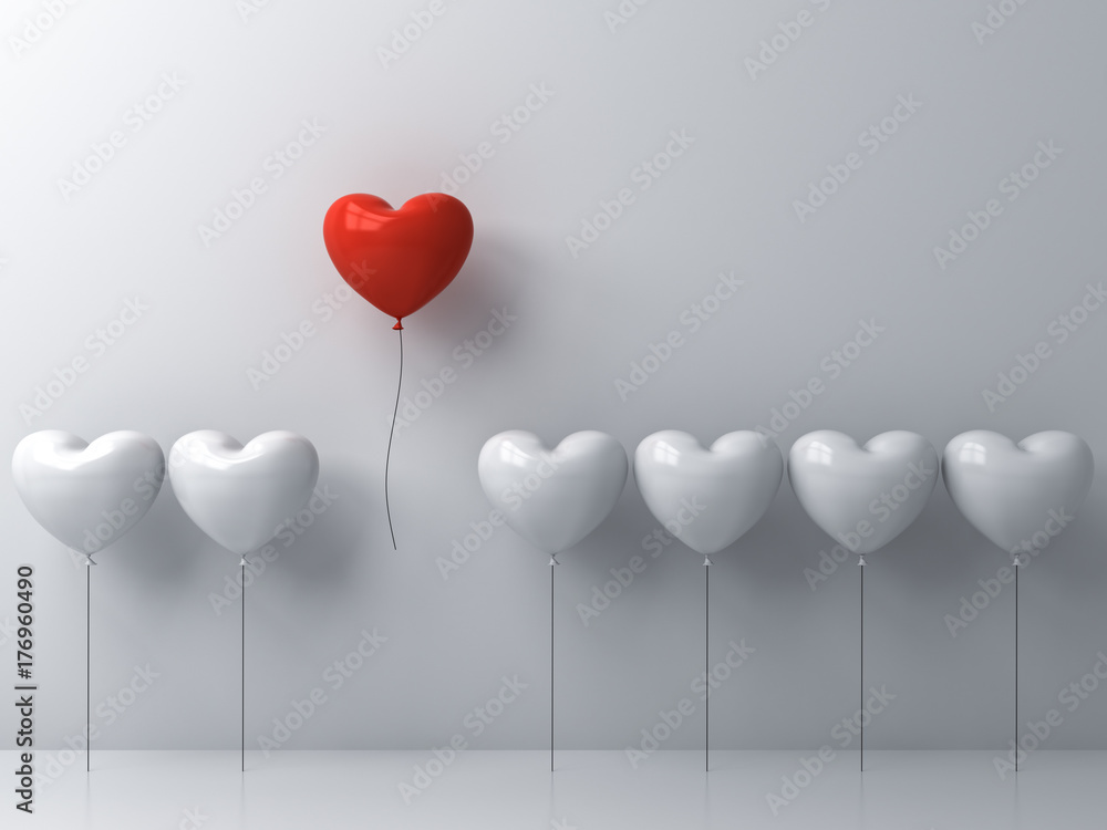 Fototapete stand out from the crowd and different concept , one red heart balloon flying away from other white 