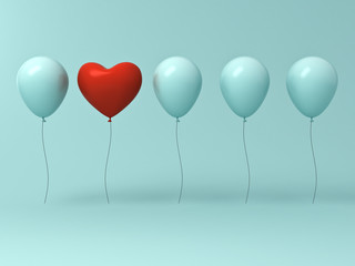Stand out from the crowd and different concept , One red heart balloon different from other balloons on light green pastel color wall background with reflections and shadows . 3D rendering.