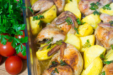 Fototapeta na wymiar Quail meat baked in the oven. Freshly cooked quail with a side dish of new potatoes and parsley.