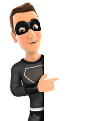 3d black hero pointing to right blank wall