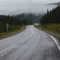 Road fog mountains landscape, Ergaki