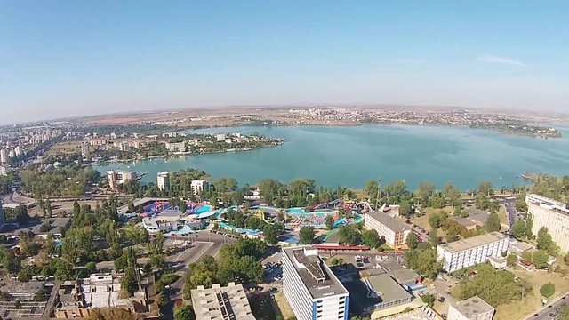 Constanta ,a major city on the Black Sea coast, Eastern Europe and  Mamaia holiday resort, a top travel destination on the Romanian seaside, aerial panning shot