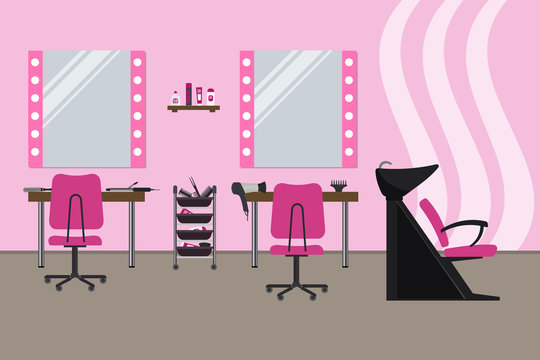 Interior of a hairdressing salon in a pink color. Beauty salon. There are tables, chairs, a bath for washing the hair, mirrors, hair dryer, combs and other objects in the picture. Vector illustration