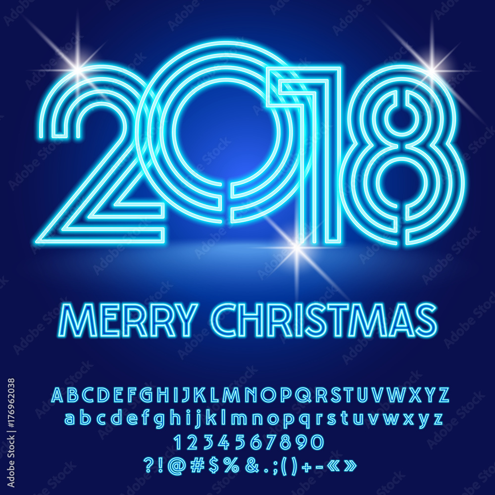 Fototapete vector modern light bulb merry christmas 2018 greeting card with alphabet set of letters, symbols an