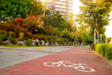 Bike road with sidewalk and bicycle sign next to building