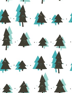 Hand drawn vector abstract fun Merry Christmas time cartoon freehand illustration seamless pattern with vintage retro Christmas trees forest isolated on white background.