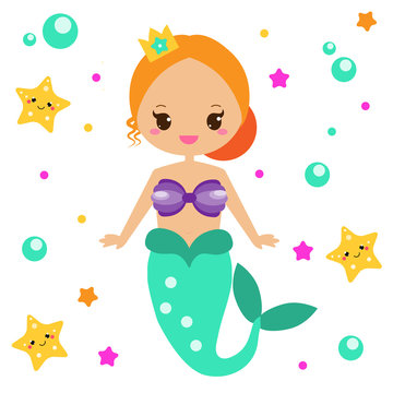 Cute Mermaid with starfishes. Cartoon character, kawaii style. vector illustration