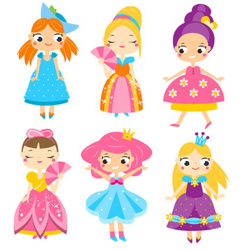 Cute princesses set. Girls in queen dresses. Vector collection of cartoon female characters
